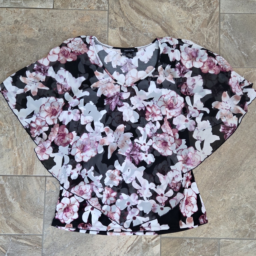 Adele & May Floral Chiffon Blouse Black and Pink XL Flowy‎ Feminine